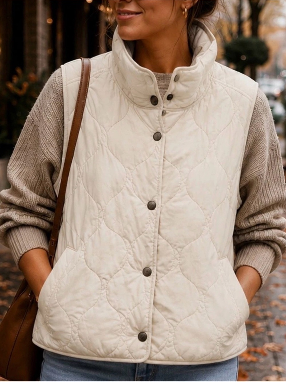 Marine Layer Cream Quilted Snap-Front Vest